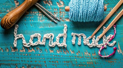 Hand made lettering created with colorful twisted rope on rustic wooden background. Crafting materials