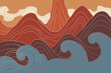 abstract japanese landscape on light background with colored lines and gradients	