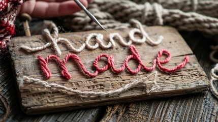 Hand made lettering created with colorful twisted rope on rustic wooden background. Crafting materials
