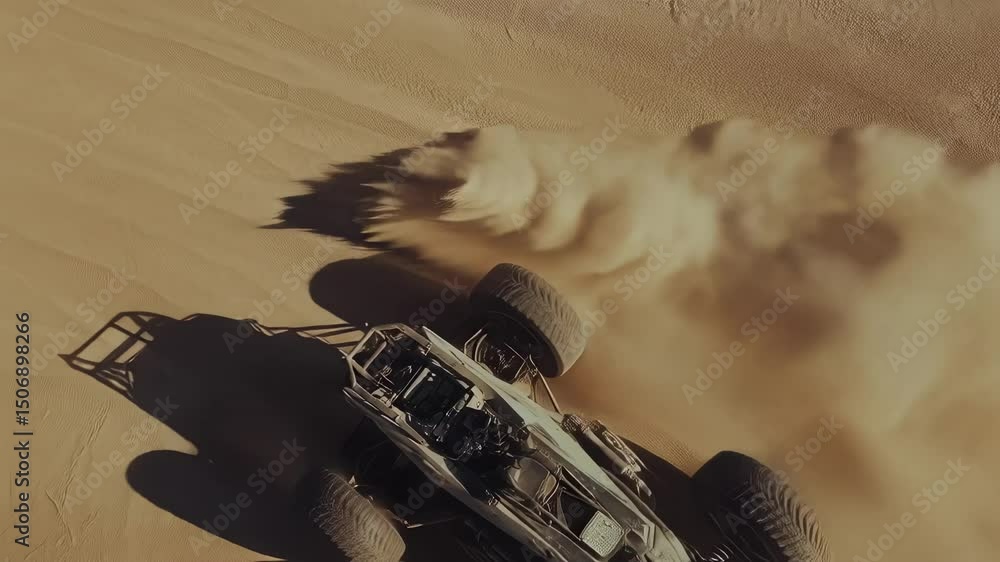 Poster futuristic off road buggy racing across expansive sandy dunes, generating dramatic dust clouds while