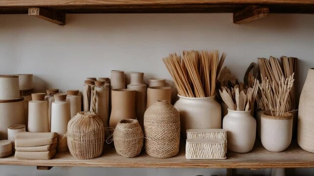 Variety of handcrafted ceramic and natural fiber containers and objects on a shelf