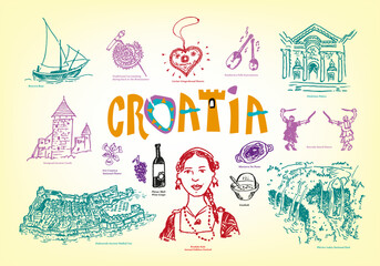 Croatia Culture and Tourist Spots Doodle Handdrawn style images. Vector EPS10 illustration Outline art and Jpg versions.