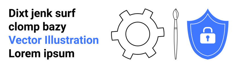 Gear symbolizes technology, brush represents creativity, shield with lock conveys security. Ideal for innovation, art, cybersecurity, teamwork, technology solutions, branding and simple landing page