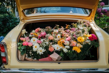 Many flowers in the open trunk of a car.