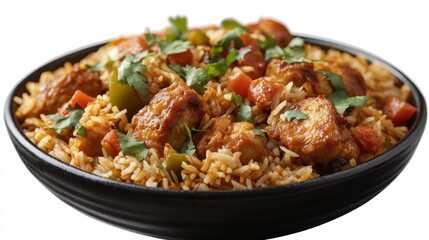 Fototapeta premium Delicious and aromatic chicken biryani in a bowl, prepared with rice and spices