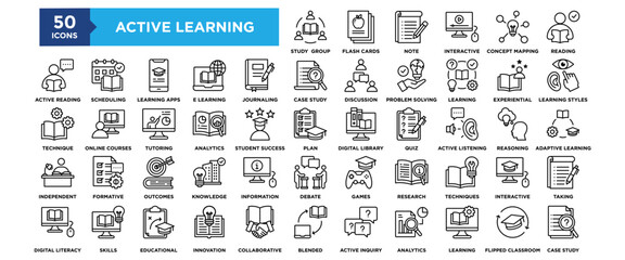 50 Active Learning icon set. Containing design education, learning, school, development, classroom, activity	