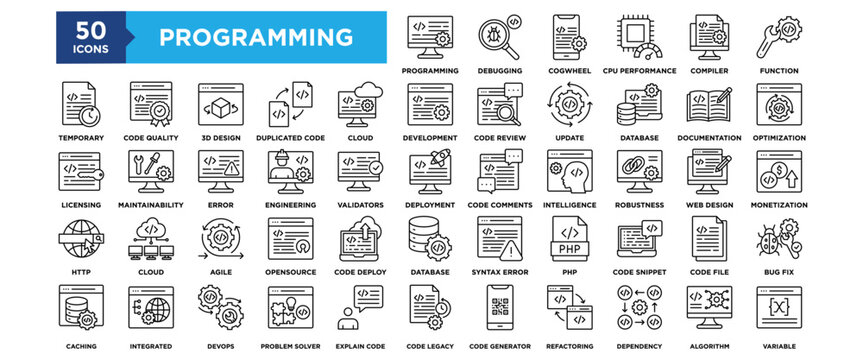 50 Computer Programming icon set. Containing design technology, software, programming, data, internet	