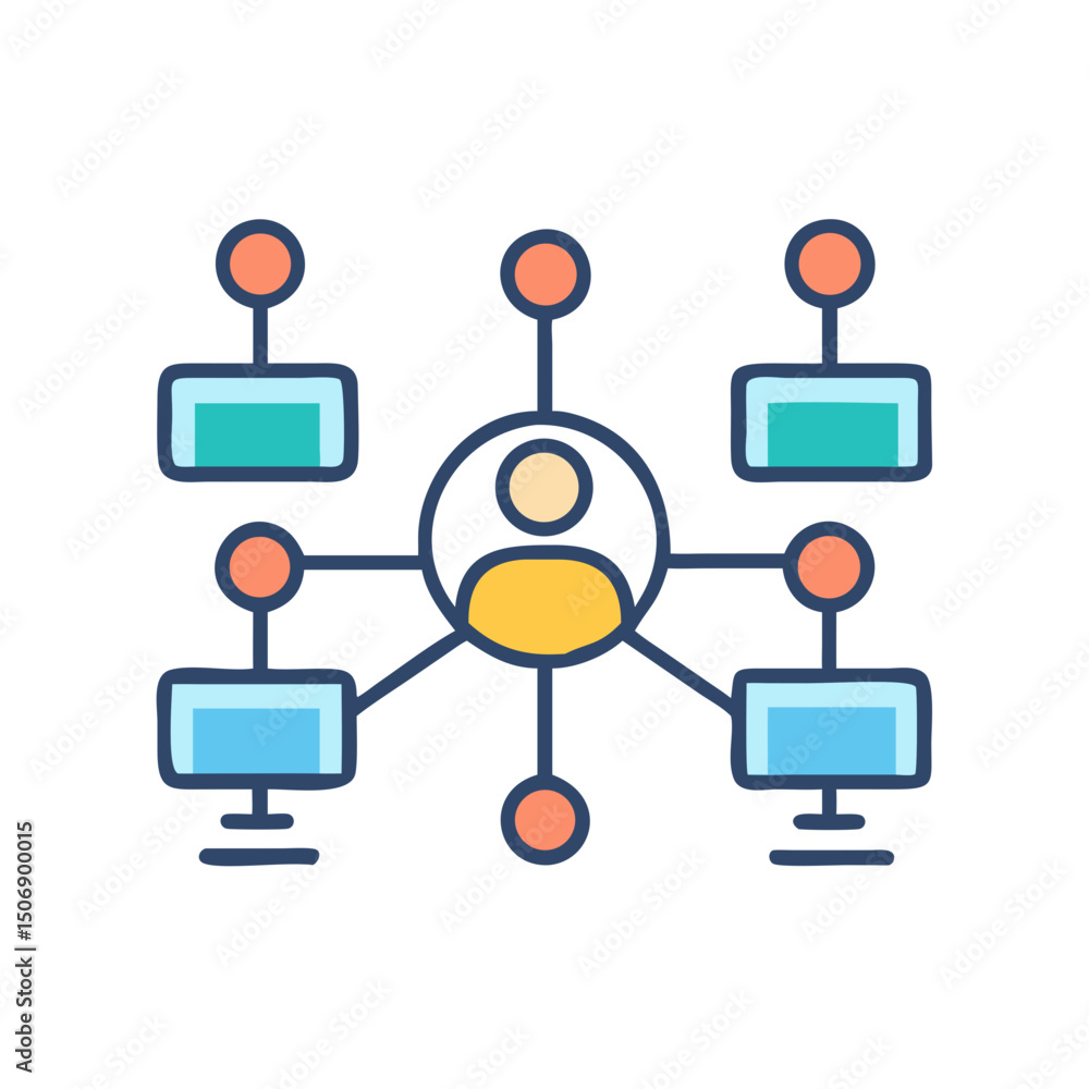 Poster network connection between a person and various devices icon