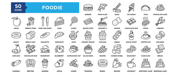 50 Foodies icon set. Containing design food, meal, lifestyle, tasty, delicious	