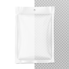Transparent sachet bag with euro slot mockup. Hyper realistic vector illustration on white and transparent background. Ready for use in your design. EPS10.