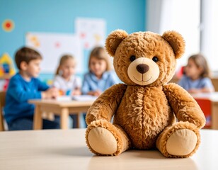 Miś na biurku, w tle bawiące się dzieci. Tło na Dzień Dziecka