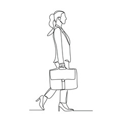 Continuous line drawing of happy young business woman holding briefcase suitcase money case. Single one line sketch editable stroke art of office worker. Vector illustration