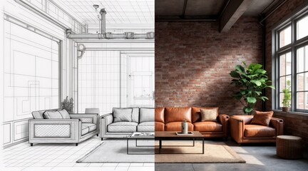 Exposed Brick Living Room in Wireframe and Photoreal View