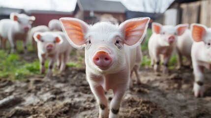 Fototapeta premium Piglets playing on farm, rural background, agriculture