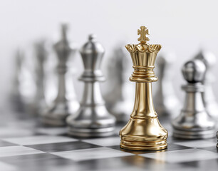 A golden chess piece leads silver ones as a hand moves a white figure forward—symbolizing strategy, leadership