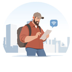 Digital Nomad Exploring a New City with Tablet. Flat Vector Illustration