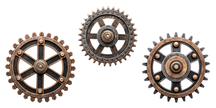 Three steampunk gears frames, detailed design isolated on white background PNG - Powered by Adobe