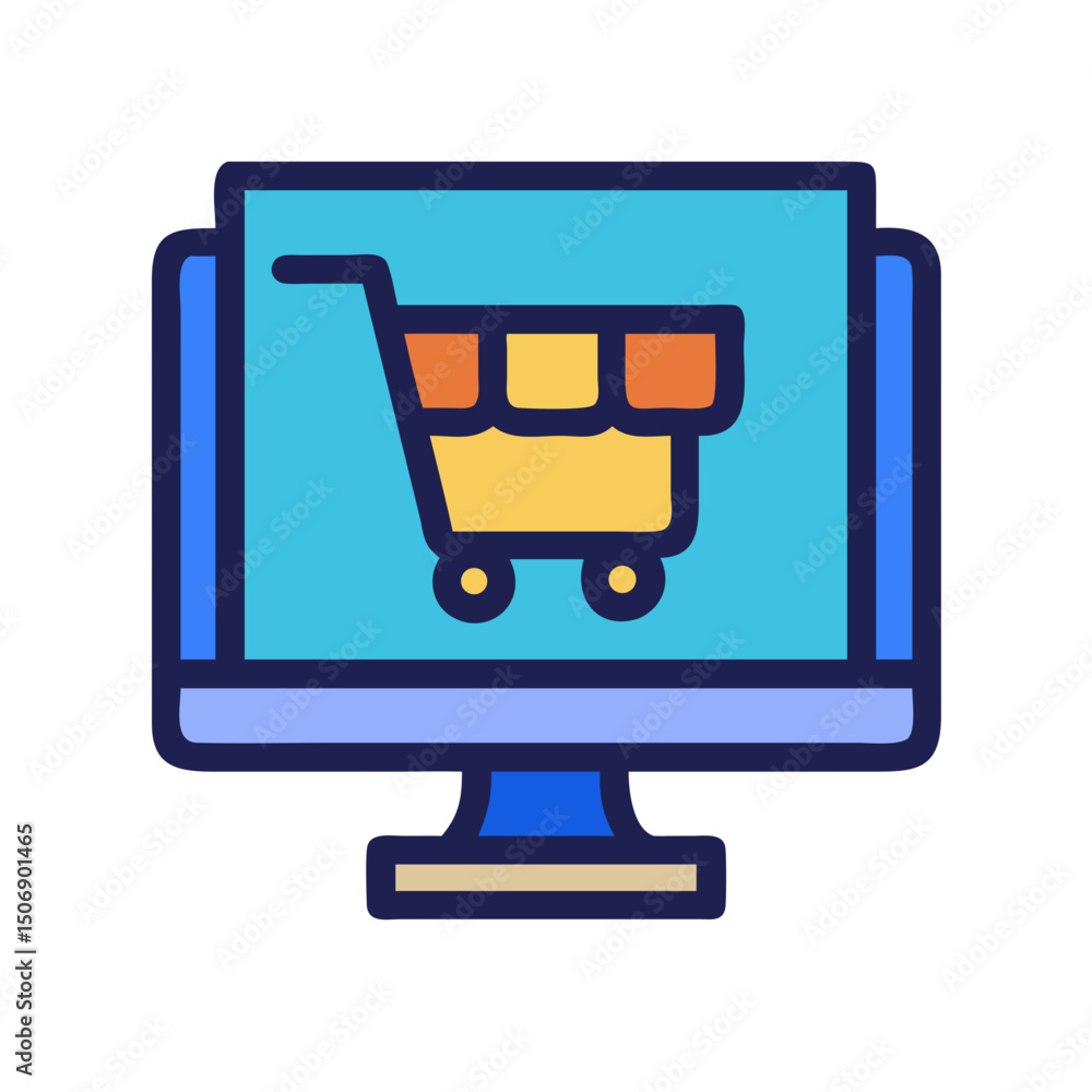 Poster computer screen displaying online shopping cart icon illustration