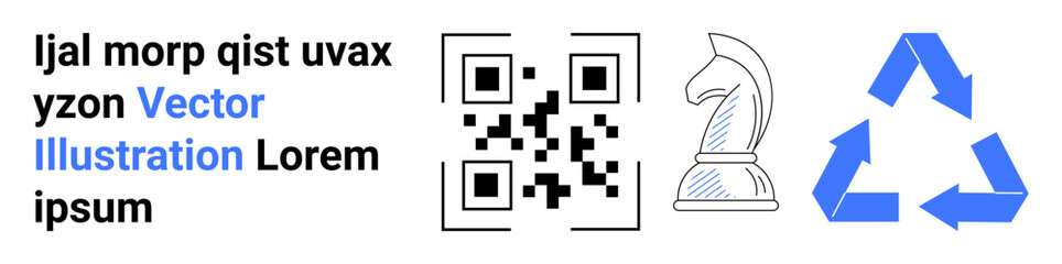 QR code, chess knight, and recycling arrows next to placeholder text. Ideal for strategy, sustainability, technology, innovation, branding, teamwork and a simple landing page