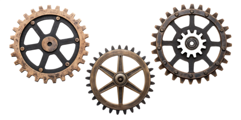 Three steampunk gears frames, detailed design isolated on white background PNG
