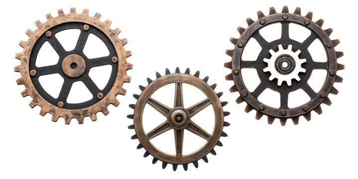 Three steampunk gears frames, detailed design isolated on white background PNG