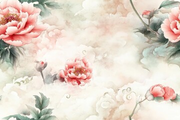delicate watercolor peonies with swirling oriental motifs and cloud patterns in a seamless design, watercolor style