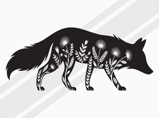 Fototapeta premium Fox Silhouette with Dandelion Flowers Pattern Illustration, Floral Wolf SVG, Wolf with Flowers Cut File, Wolf Silhouette with Wildfflowers, Wolf with Flowers SVG, Pretty Wildlflower Wolf Design