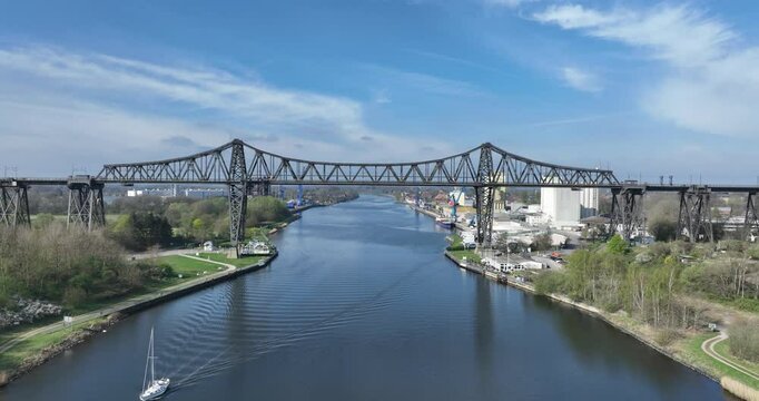 Kiel canal, The Rendsburg High Bridge, railway viaduct over canal for ships to pass under.
