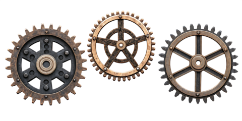 Three steampunk gears frames, detailed design isolated on white background PNG