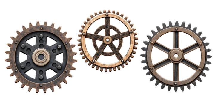 Three steampunk gears frames, detailed design isolated on white background PNG