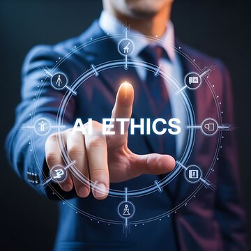 Businessman touching ai ethics concept highlighting future technology and artificial intelligence.
