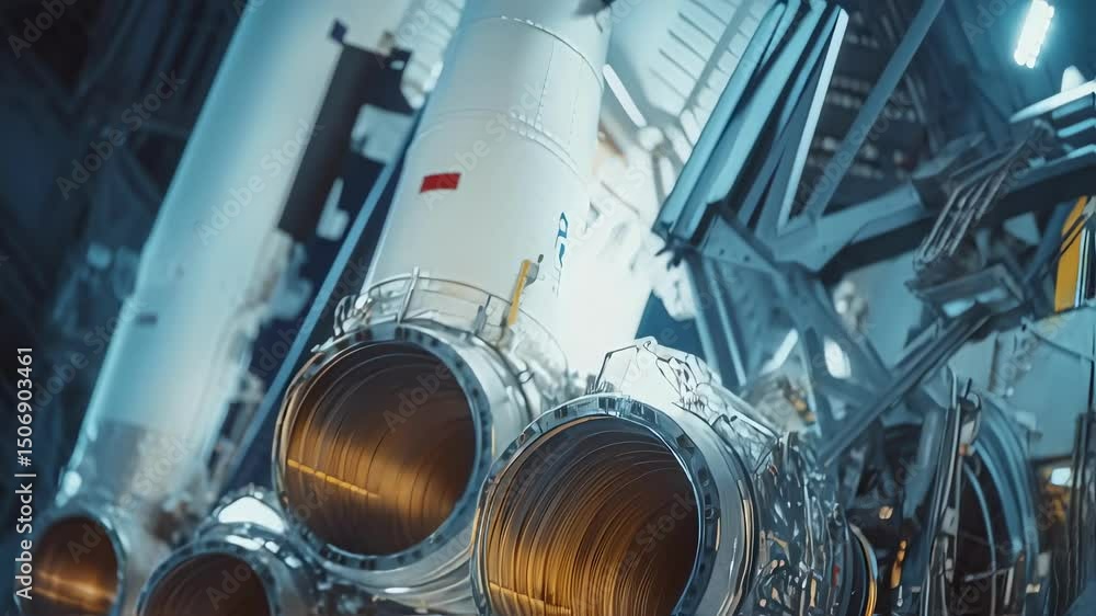 Poster complex metallic structure of a space rocket with multiple nozzles, gleaming under hangar lights, sh