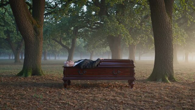 Senior man resting peacefully in open coffin in misty forest