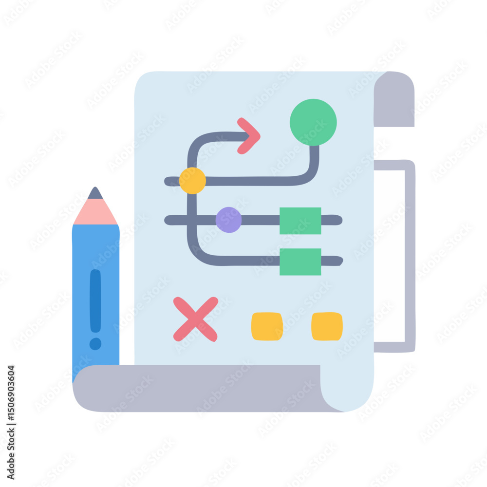 Poster flowchart graphic with pencil displaying planning or project management