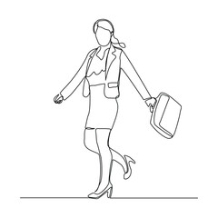 Continuous line drawing of happy young business woman holding briefcase suitcase money case. Single one line sketch editable stroke art of office worker. Vector illustration