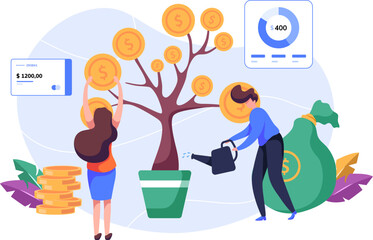 Young investors working for profit, dividend or revenue flat vector illustration. Cartoon employees investing capital. Investment, money and finance concept.