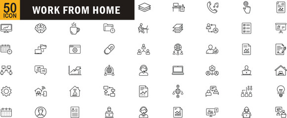 Work from home editable outline icon set. Remote, laptop, meeting, call, online, calendar and more
