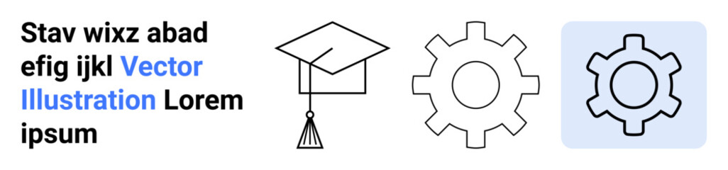 Graduation cap and two gear icons emphasize education, knowledge, innovation, and teamwork. Ideal for education, technology, learning, development, creativity process simple landing page
