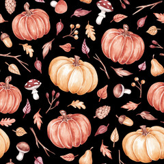 Fall pumpkins seamless pattern hand drawn by watercolor. Thanksgiving background. Halloween traditional symbols and fall objects. Pumpkins, autumn leaves, mushrooms, berries, branch