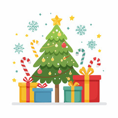 Vector Illustration of a Christmas Tree with Gifts, Candy Canes, and Snowflakes in Festive Scene