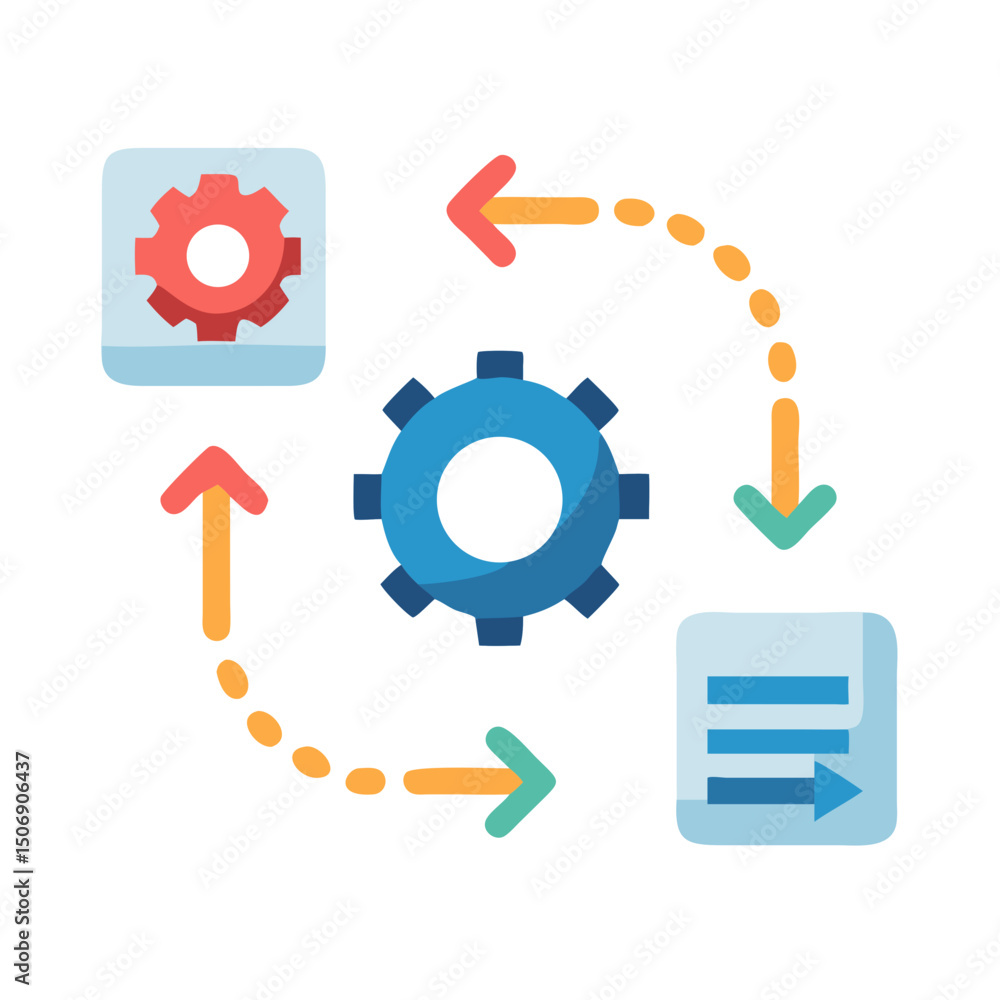 Poster workflow automation process featuring gears and directional indicators icon