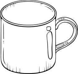 Empty ceramic mug with handle for hot drinks. Cup for coffee, tea, cappuccino. Vector illustration in hand drawn sketch style. Line art isolated on white for coloring book, print