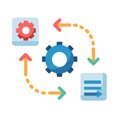 Workflow automation process featuring gears and directional indicators icon
