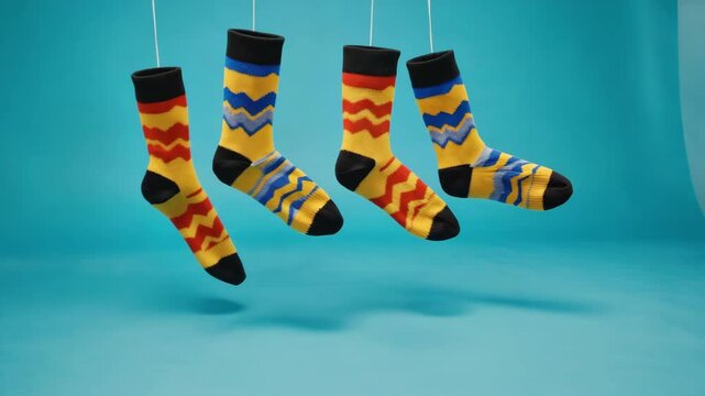 Brightly colored patterned argyle socks hanging on a string against blue background.
