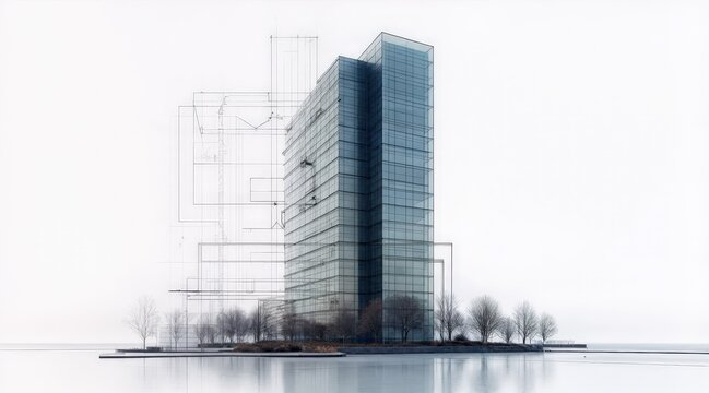 Modern Skyscraper Elevation Showing Plan and Rendered Facade