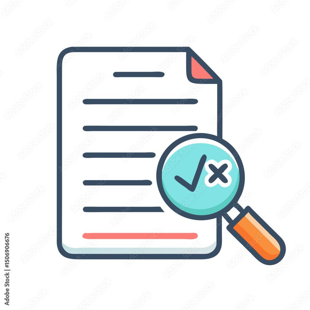 Poster document with magnifying glass indicates review and approval process