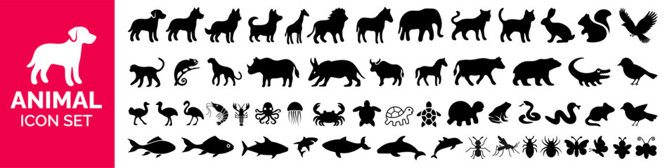 Diverse Vector Animal Silhouette Icon Set. Featuring pets, wild animals, birds, marine life, and insects for nature themed designs bundle logos. dog, pet, bird, wild and domestic animal set icons.