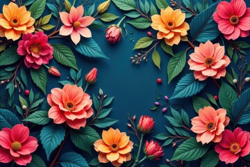 Intricate repeating floral motif, lush blooms & leaves , wallpaper pattern, colorful