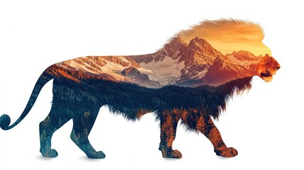 Lion silhouette with rocky peaks, epic double exposure