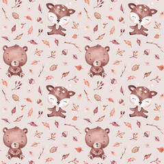 Fall deer and bear seamless pattern hand drawn with watercolor. Cute animals and nature objects. Autumn forest print. Gender neutral digital paper. For kid textile, fabric, clothing, cards, wallpaper